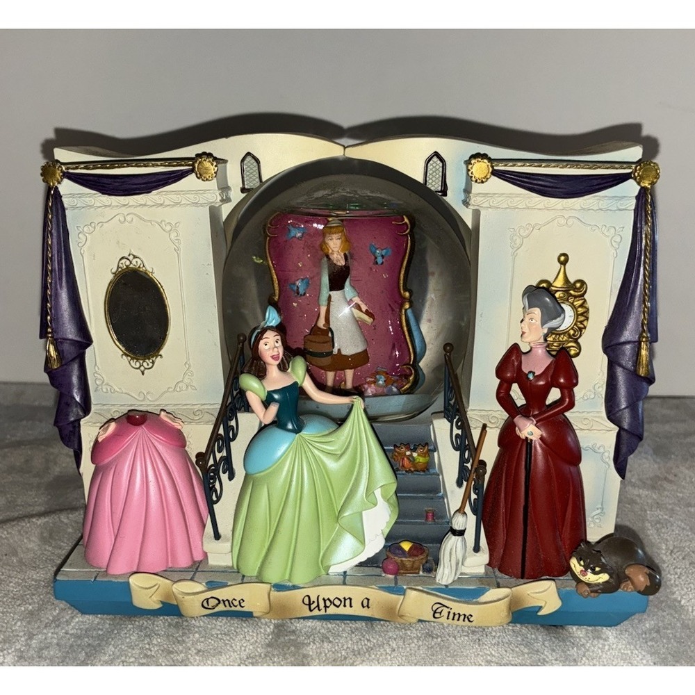 Disney Cinderella Story Book Double Sided Musical Snow Globe Vintage *flaws